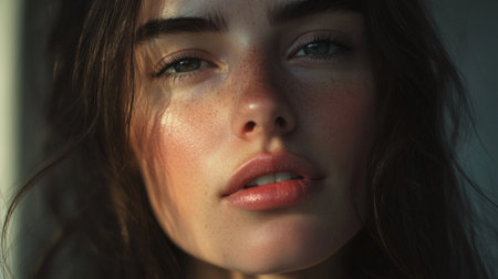 Intimate close-up portrait of a young woman showcasing her natural beauty, with soft light highlighting her features and serene expression.の素材