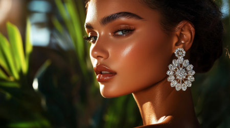 Captivating portrait of a confident woman showcasing stunning earrings amidst a lush tropical backdrop, highlighting beauty and elegance with radiant skin.の素材