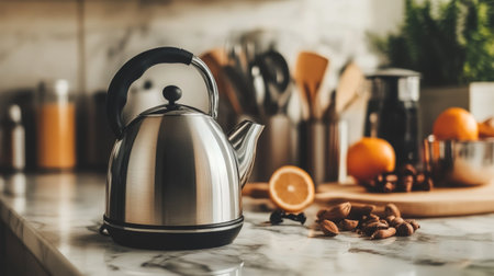 A stylish kettle sits on a kitchen countertop adorned with utensils and fresh ingredients, creating a cozy and inviting atmosphere. Perfect for morning routines.の素材