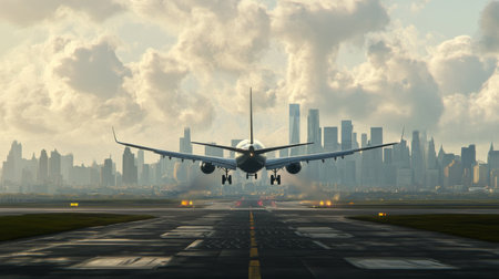 An airplane lands on a runway with a stunning city skyline in the background, capturing the essence of travel and aviation during a beautiful sunset.の素材
