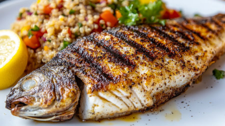 A beautifully grilled fish served with vibrant vegetables and a lemon slice. This dish represents healthy eating and fresh flavors perfect for any meal.の素材