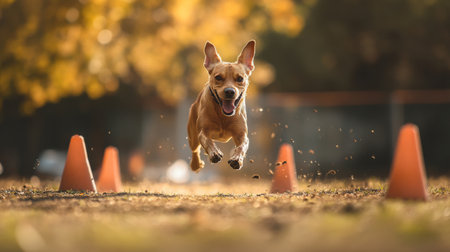 A joyful dog leaps through an agility course, showcasing energy and playfulness. The warm sunlight illuminates the active scene, capturing the essence of fun in nature.の素材
