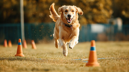 A joyful golden retriever races through an outdoor agility course, showcasing its speed and playful spirit among colorful orange cones.の素材