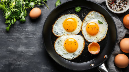 A vibrant image of freshly cooked sunny-side eggs in a frying pan. Surrounding ingredients add a rustic charm, perfect for breakfast or brunch.の素材