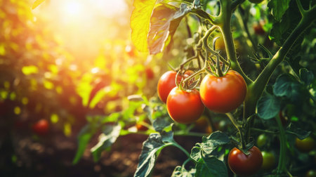 Vibrant red tomatoes hang from green vines in a sunlit garden. This fresh produce embodies the beauty of nature and healthy living. Perfect for food-related themes.の素材