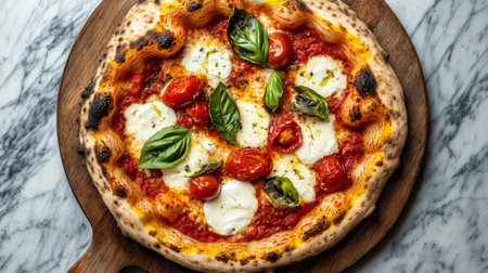 A stunning fresh pizza topped with mozzarella, ripe cherry tomatoes, and fragrant basil, served on a wooden board over marble. Perfect for any meal.の素材