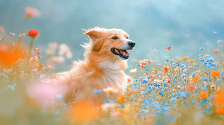 A joyful golden retriever enjoys a sunny day in a vibrant field of wildflowers. The scene captures the essence of nature's beauty and tranquility.の素材