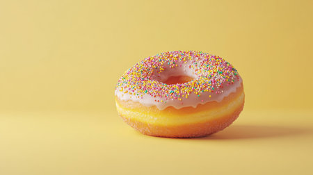 A vibrant doughnut with colorful sprinkles sits against a bright yellow background, perfect for showcasing sweetness and indulgence in food photography.の素材