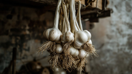 A rustic display of fresh garlic bulbs hanging in a kitchen, showcasing their earthy roots and natural charm. Perfect for culinary and organic themes.の素材