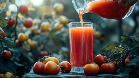 A vibrant photo of fresh tomato juice being poured from a pitcher into a glass, surrounded by ripe tomatoes in a garden setting, perfect for healthy living.の素材