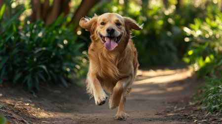 A joyful golden dog runs energetically down a scenic path, embodying the spirit of adventure and freedom in nature. Perfect for animal lovers.の素材