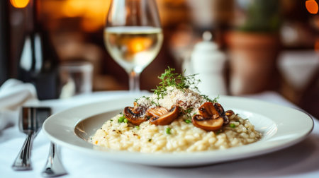 A gourmet plate of creamy risotto topped with sautの素材