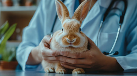A caring veterinarian examines a fluffy rabbit in a clinic, demonstrating love and attention. Perfect for animal health and veterinary themes.の素材