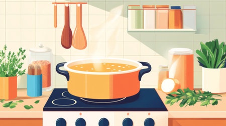 A cozy kitchen scene featuring a steaming pot on the stove, surrounded by fresh herbs and ingredients, perfect for home-cooked meal inspiration.の素材