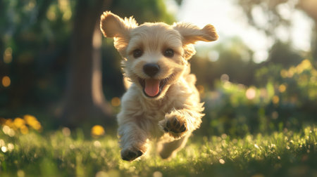 A joyful puppy runs excitedly through a lush garden, embodying playfulness and freedom. The warm sunlight bathes the scene in happiness and vibrancy.の素材