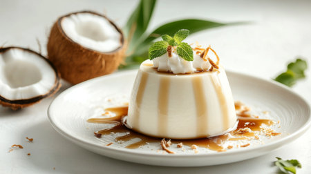 A visually appealing creamy coconut dessert elegantly drizzled with caramel and garnished with mint, perfect for culinary photography and enticing menus.の素材