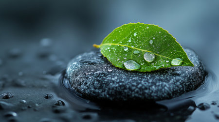 A closeup image of a green leaf resting on a smooth black stone with water droplets. The serene composition evokes a sense of calm and tranquility.の素材