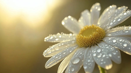 A stunning close-up of a dewy daisy capturing the beauty of nature. Soft morning light highlights the delicate petals and vibrant yellow center, creating a serene atmosphere.の素材