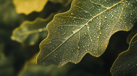 Close-up of green leaves adorned with water droplets, showcasing the beauty of nature. This image highlights the fresh and vibrant essence of plant life.の素材