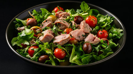 A vibrant green salad featuring tender tuna, ripe cherry tomatoes, and olives, ideal for a healthy meal or appetizer, full of fresh flavors.の素材