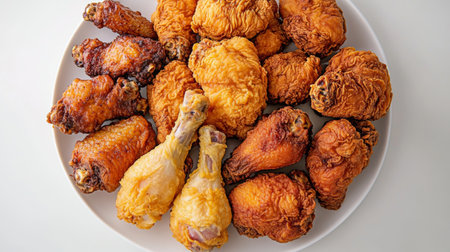 A mouthwatering array of crispy golden fried chicken pieces served on a white plate, perfect for gatherings, celebrations, or family meals.の素材