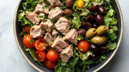 This vibrant salad features fresh tuna, juicy tomatoes, and assorted olives on a bed of crisp lettuce, making it a nutritious and delicious meal option. Enjoy!の素材
