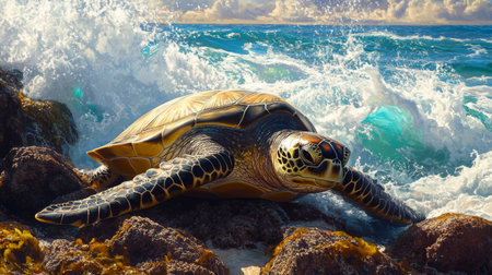 A stunning sea turtle rests on rocky shores as waves crash around it. The vibrant colors and natural beauty emphasize the marine ecosystem and tranquility.の素材