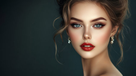 A striking portrait of a beautiful woman showcasing glamorous makeup with red lips and elegant pearl earrings, exuding charm and confidence.の素材