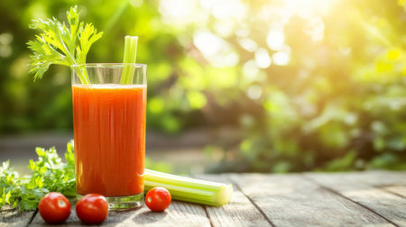 A refreshing glass of vegetable juice made with tomatoes and celery sits on a wooden table, bathed in warm sunlight, perfect for a healthy lifestyle.の素材