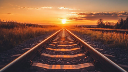A serene sunset illuminates distant railroad tracks, creating a tranquil atmosphere. The golden light reflects on the metal, inviting thoughts of adventure and exploration.の素材
