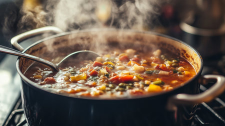 A pot of hearty vegetable soup simmers on the stove, releasing aromatic steam. This colorful dish showcases a variety of fresh ingredients, perfect for comfort food enthusiasts.の素材