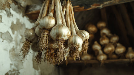 A cluster of fresh garlic bulbs hanging to dry in a rustic kitchen setting. This image captures the essence of organic farming and culinary traditions.の素材