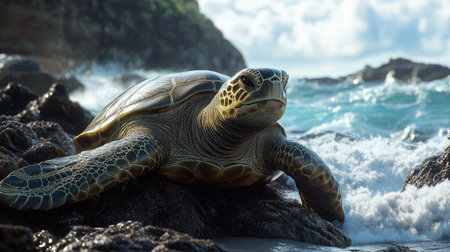 A majestic green turtle rests on a rocky shoreline, gazing into the ocean waves. This serene scene captures the beauty of marine wildlife in a natural coastal environment.の素材