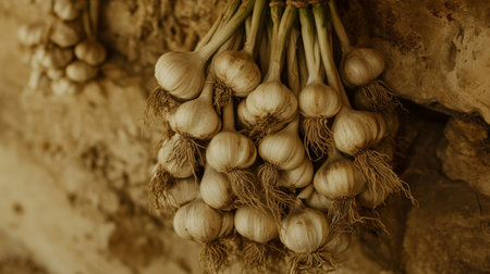 A bunch of fresh garlic bulbs hangs against a rustic backdrop, showcasing their natural texture and vibrant appeal. Perfect for culinary use and decoration.の素材