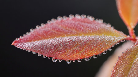 Close-up view of a vibrant leaf adorned with dew drops, capturing the beauty of nature in detail. Perfect for themes of freshness and tranquility.の素材