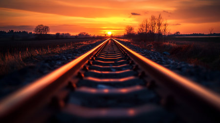 A stunning view of railway tracks extending into the horizon at sunset, surrounded by a serene landscape. The warm colors of twilight create a tranquil atmosphere perfect for travel and exploration.の素材