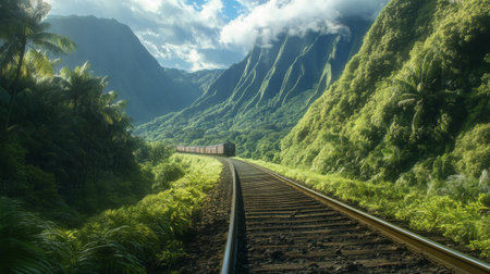 A beautiful railway track winds through lush green mountains under a vibrant sky. This scenic landscape captures the essence of adventure and nature's tranquility.の素材