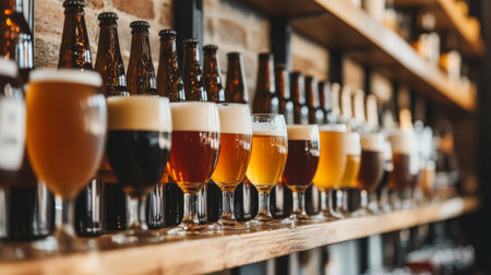 Experience a vibrant display of craft beers in various shades and styles, showcasing the artistry of brewing in a warm, rustic setting.の素材
