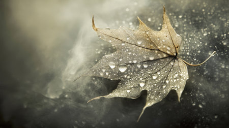 A close-up of a solitary leaf adorned with water droplets, resting gently on a misty background. This image captures tranquility and natural beauty, perfect for nature-themed projects.の素材