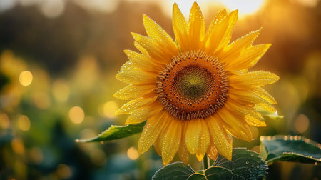 A stunning close-up of a vibrant sunflower, glistening with dew droplets under the soft morning light. This image captures the essence of summer beauty in nature.の素材