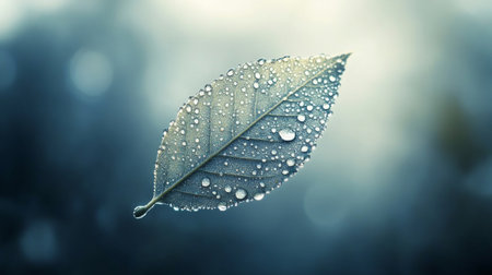 A beautiful close-up of a fresh green leaf adorned with dew drops, set against a soft and dreamy background, showcasing the beauty of nature and tranquility.の素材