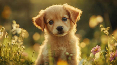 A charming puppy poses in a sunny flower field, capturing the essence of joy and innocence. This delightful scene showcases nature's beauty and the playfulness of pets.の素材