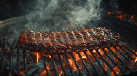 Delicious grilled ribs on a barbecue, surrounded by smoke and flames. Perfect for summer gatherings, outdoor cooking, and mouthwatering meals.の素材