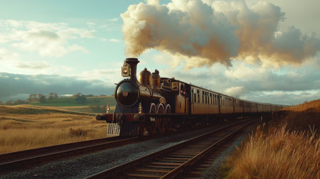 A vintage steam train travels through a picturesque landscape, surrounded by rolling hills and dramatic skies. This evocative scene captures the essence of travel and exploration.の素材