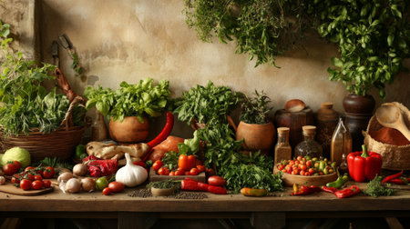 A vibrant display of fresh vegetables and herbs on a rustic kitchen counter, showcasing organic ingredients perfect for culinary creations and healthy meals.の素材