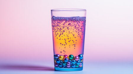 A vibrant glass filled with colorful pearls and sparkling bubbles creates a lively and cheerful atmosphere. Ideal for artistic and beverage themes.の素材