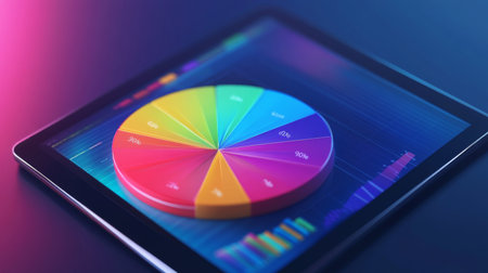 A vibrant pie chart displayed on a digital tablet, showcasing data visualization for business analysis and presentations in a modern, tech-inspired setting.の素材