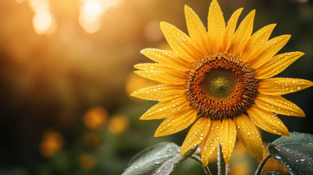 A stunning sunflower blossoms with bright yellow petals, adorned with dew droplets, against a soft golden light in the background, showcasing nature's beauty.の素材