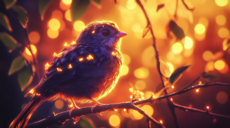 A serene bird perched on a branch surrounded by glowing lights creates a dreamlike atmosphere, capturing the essence of nature's beauty and magic.の素材