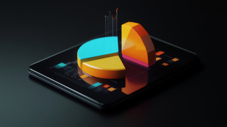 A vibrant 3D pie chart displayed on a tablet, showcasing data analytics and business insights. The colorful design highlights the importance of digital reporting and visualization.の素材